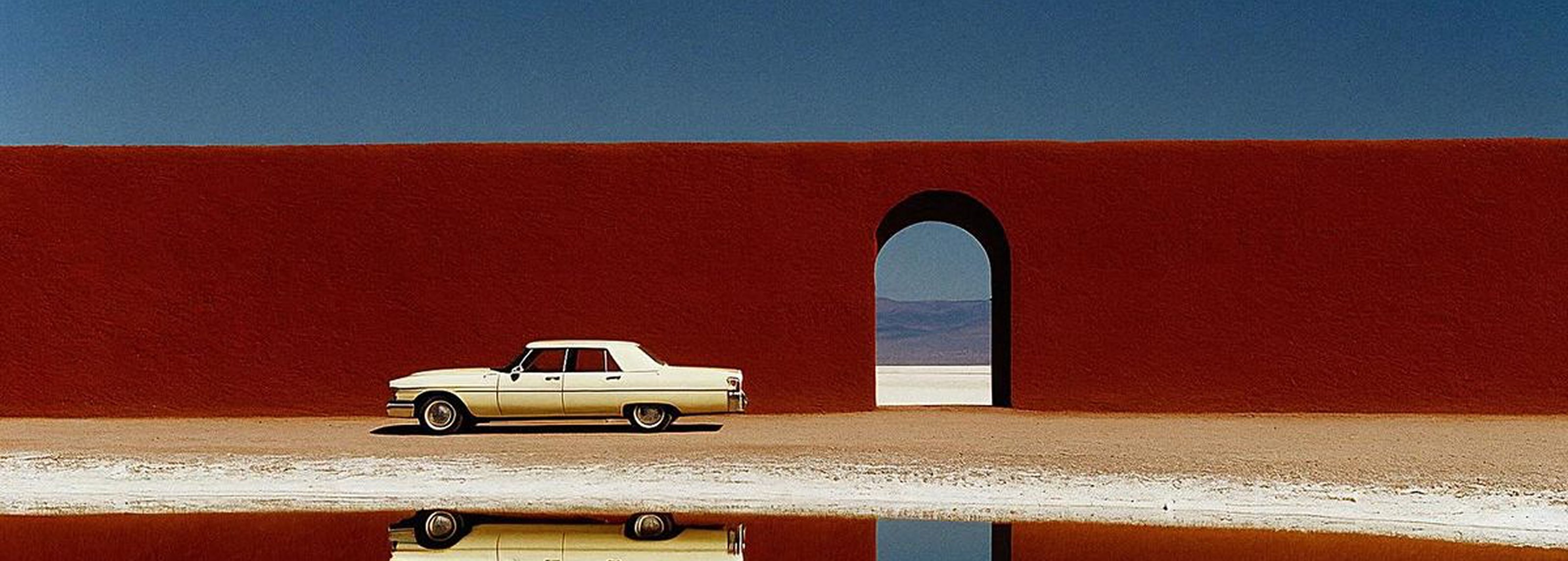 Classic car parked in a surreal red courtyard