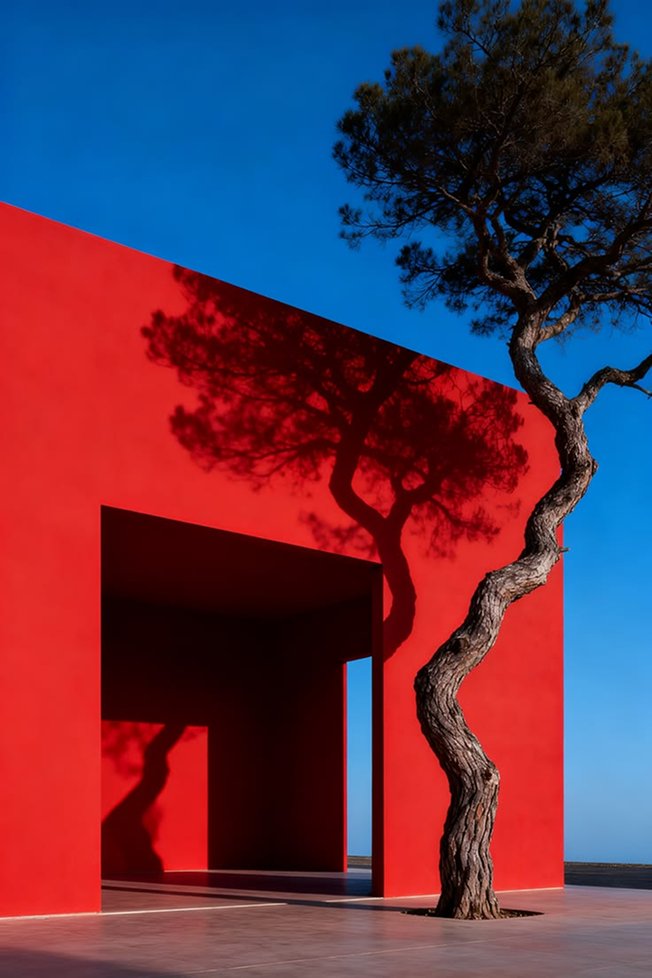 Red building with tree